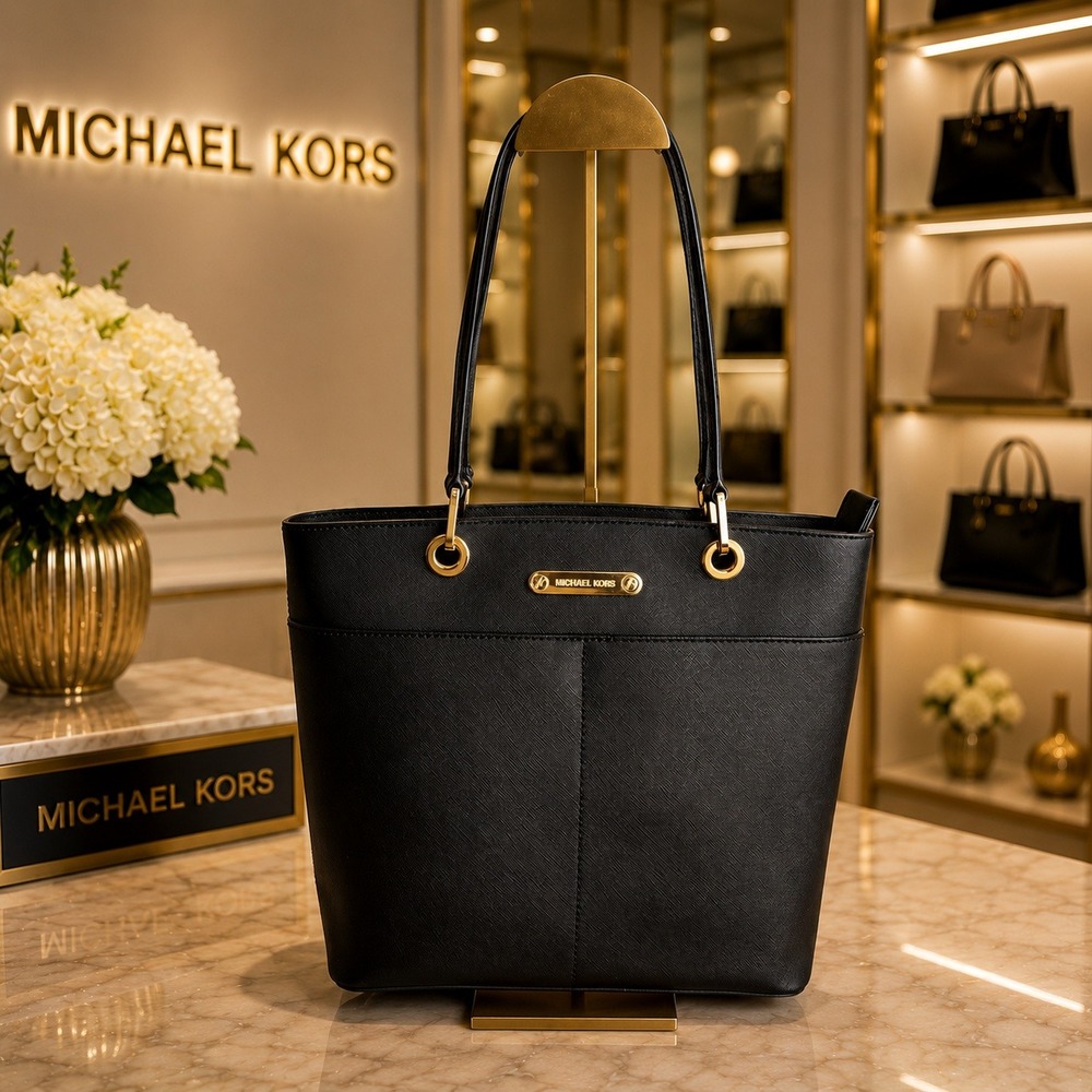 Michael Kors Bedford Medium Tote Black Saffiano Leather Bag Gold Hardware